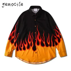 Flame Printed Shirt Couples Wear Casual Men Women Shirts Harajuku Hip Hop Streetwear Loose Long Sleeve Blouses StreetWear