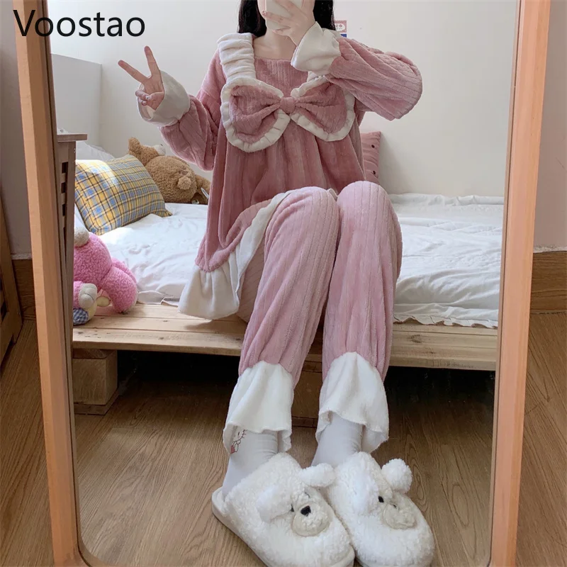 Autumn Winter Sweet Lolita Style Princess Coral Fleece Pajamas Sets Women Cute Bow Sleepwear Girly Kawaii Pink Home Wear Pyjamas