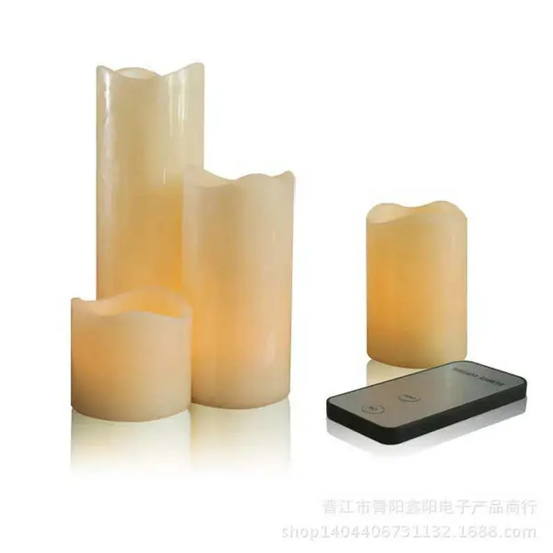 Set dari 4 Lilin Pilar LED Tanpa Api Tepi Bergelombang Remote Control (6 "4" 3 "2") Lilin Parafin Gading Tealight Dekorasi Pesta Pernikahan-YELLO