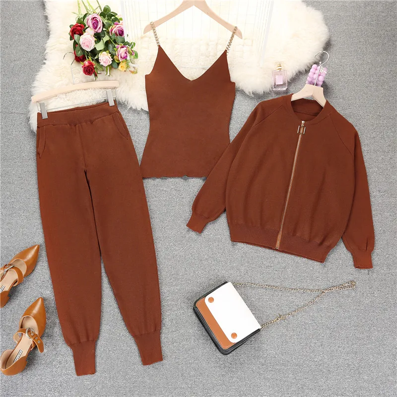 Amolapha Women 2024 Autumn Winter Knitted Cardigans + Camisole + Pants 3pcs Sets Knitting Coat+ Vest+Trousers Tracksuits Outfits