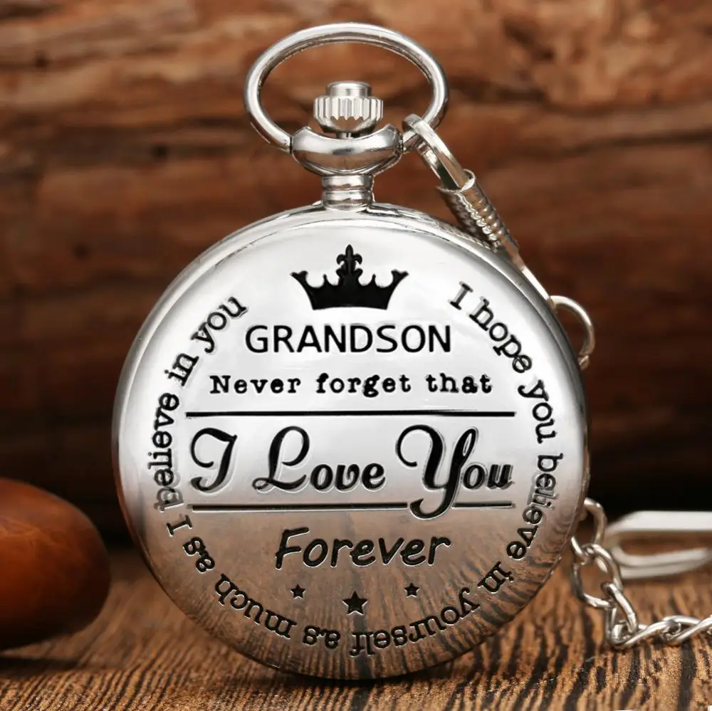 Unique Silver To My Grandson Engraved Customized Case Quartz Pocket Watch Men Chain Necklace Christmas Gifts for Family Grandson