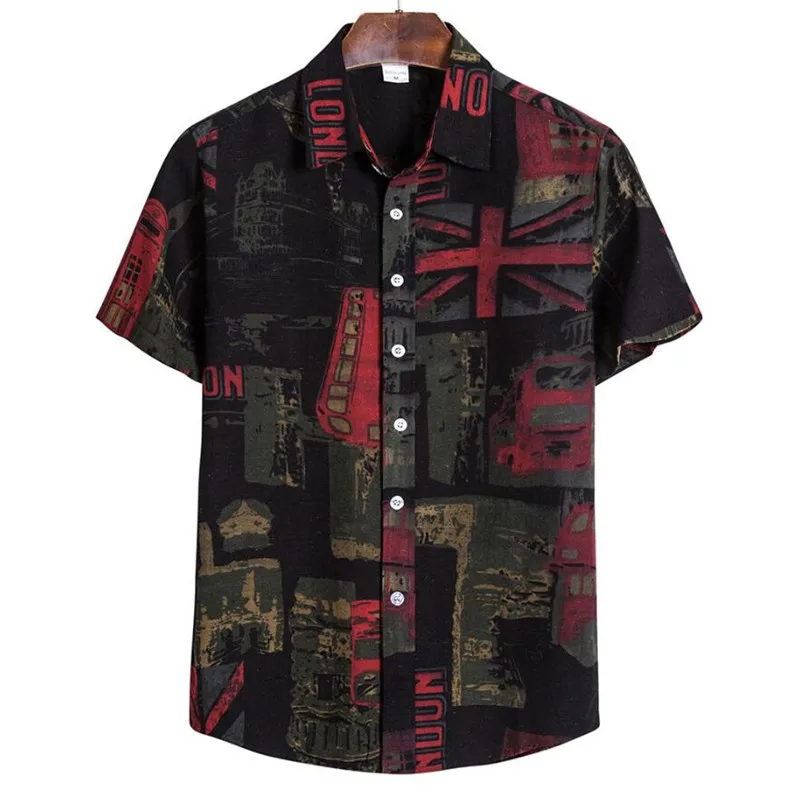 Summer Fashion Casual Men Baggy Beach Hawaiian Print Short Sleeve Button Retro Shirts Tops Men\'s Cotton Linen Shirt