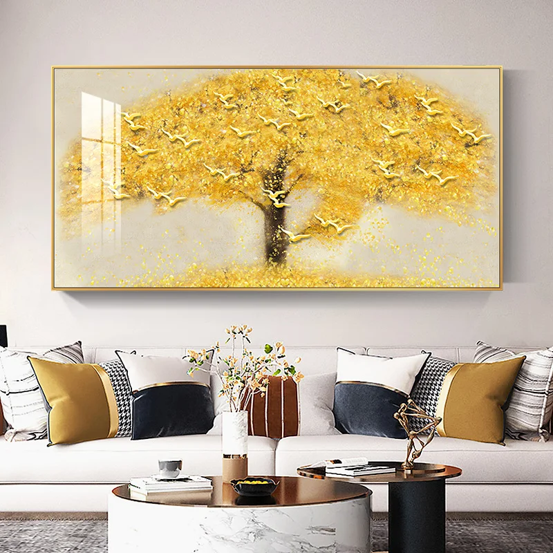 Árbol de dinero dorado amarillo para decoración de sala de estar, pintura de árbol rico, lienzo, cuadros de pared, carteles de paisaje, impresiones