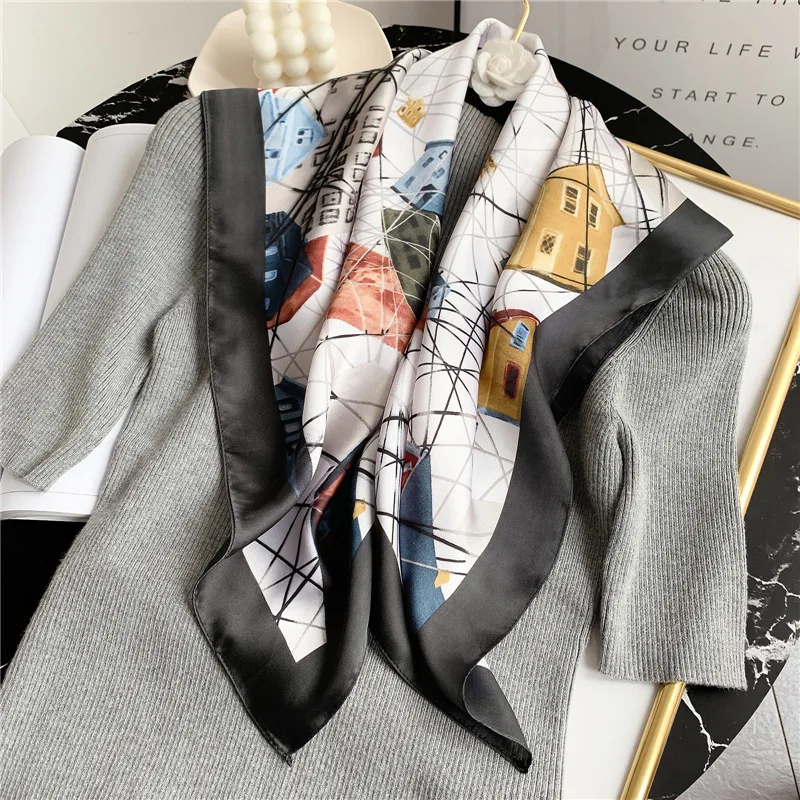 70*70 Square Scarf Women Silk Neck Scarves Soft Bandana Carriage Print Chain Luxury Design Lady Foulard HeadBand Kerchief