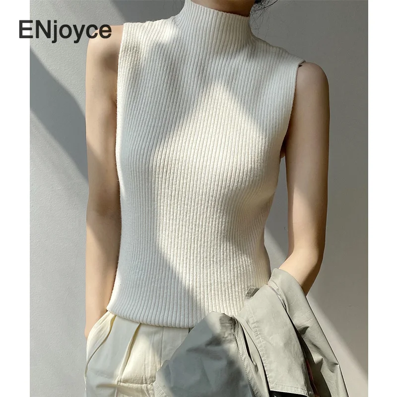 

Spring Fall Women Sleeveless Knitted Turtleneck Sweater Vest Ladies Waistcoat Korean Style New Pullover Tank Top Knitwear