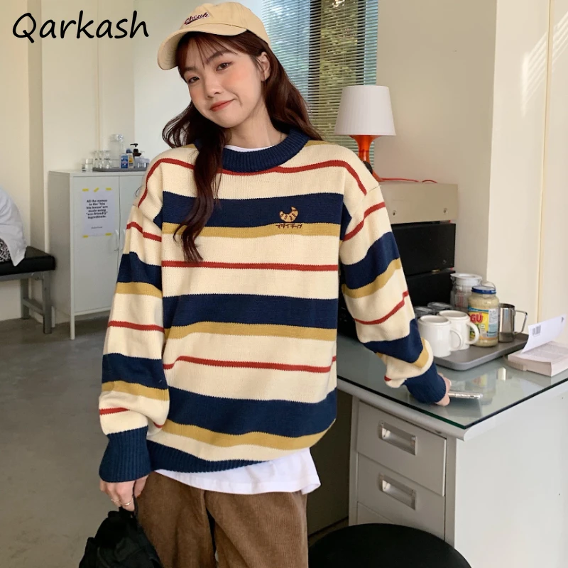 

Striped Pullovers Women Lovely Design Loose BF Style Couple All-match Autumn Leisure Harajuku Retro College Fashion Ins Sweaters