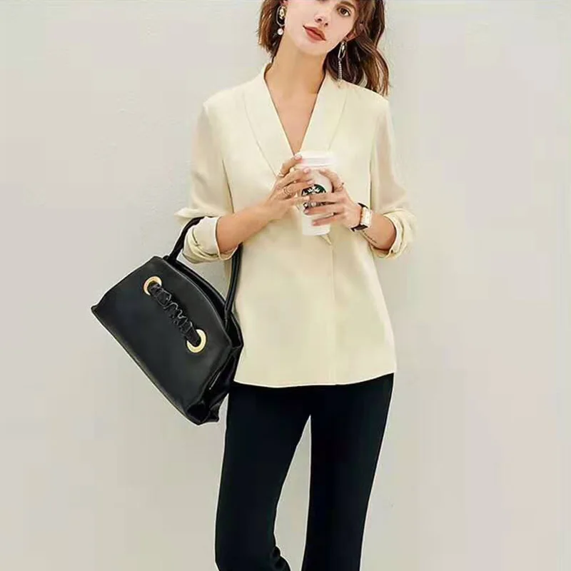 100% Double layer Silk Blouse Formal Shirt Solid Deep V-Neck Long Sleeves Office Tops Elegant Style New Fashion