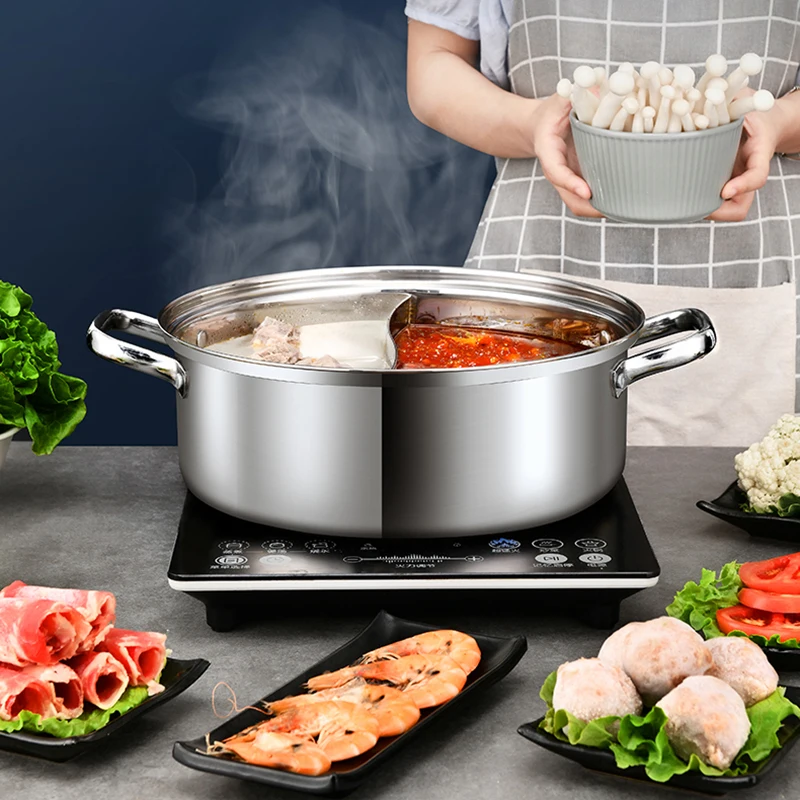 Stainless Steel Divider Hot Pot Food Dishes Chinese Mandarin Duck Hotpot Gas Induction Cooker Fondue Chinoise Cooking Cookware