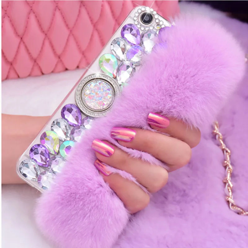 Luxury Bling Rhinestone Diamond Real Rabbit Fur Case For SamsungS23 S22 S21 S20 S8 S9 S10PLUS Note 20 10 9 With Ring Holder Case