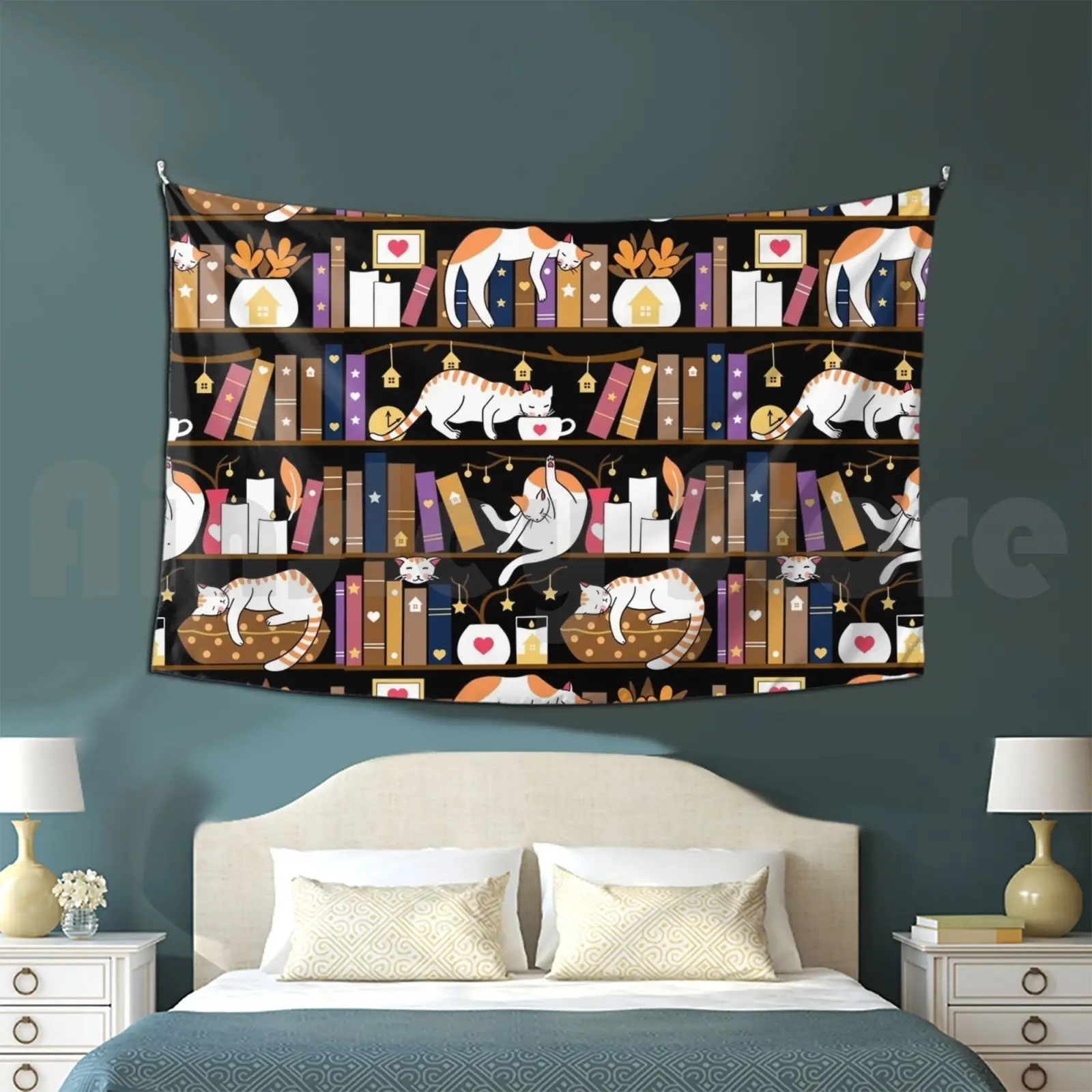 Library Cats-Caramel Chocolate Tapestry Living Room Bedroom Animal Black Book Bookshelf Bookworm Branch Candle