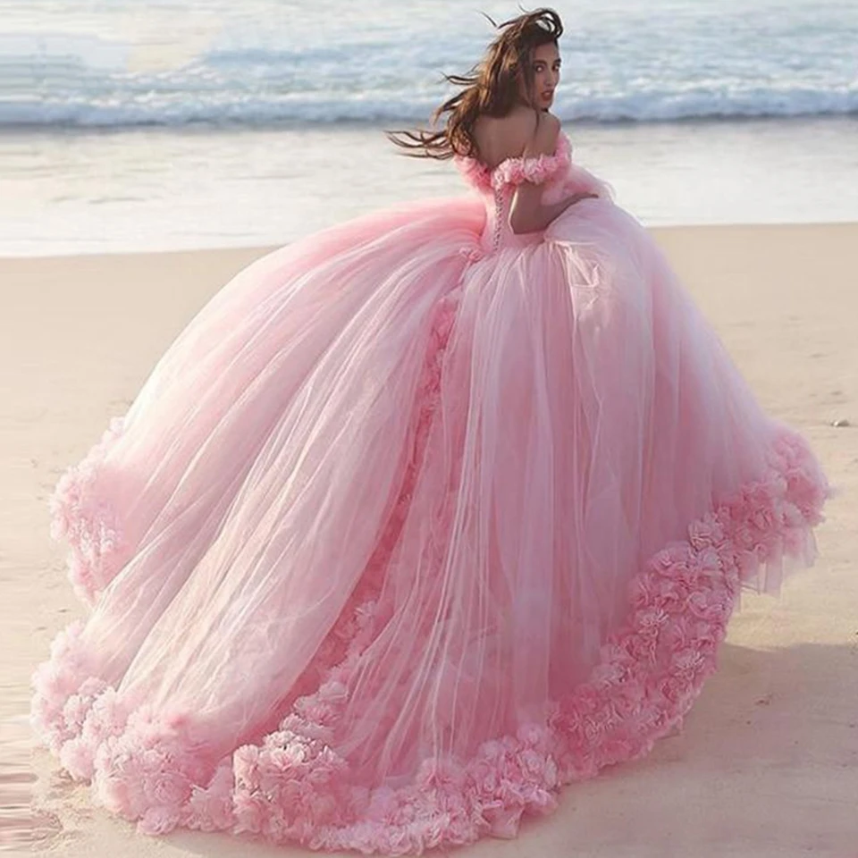 Roze Off Shoulder Quinceanera Jurken 2022 Baljurk Tule Met Bloemen Formele Feestjurk Zoete 18 Vestidos Elegante Prom Dress