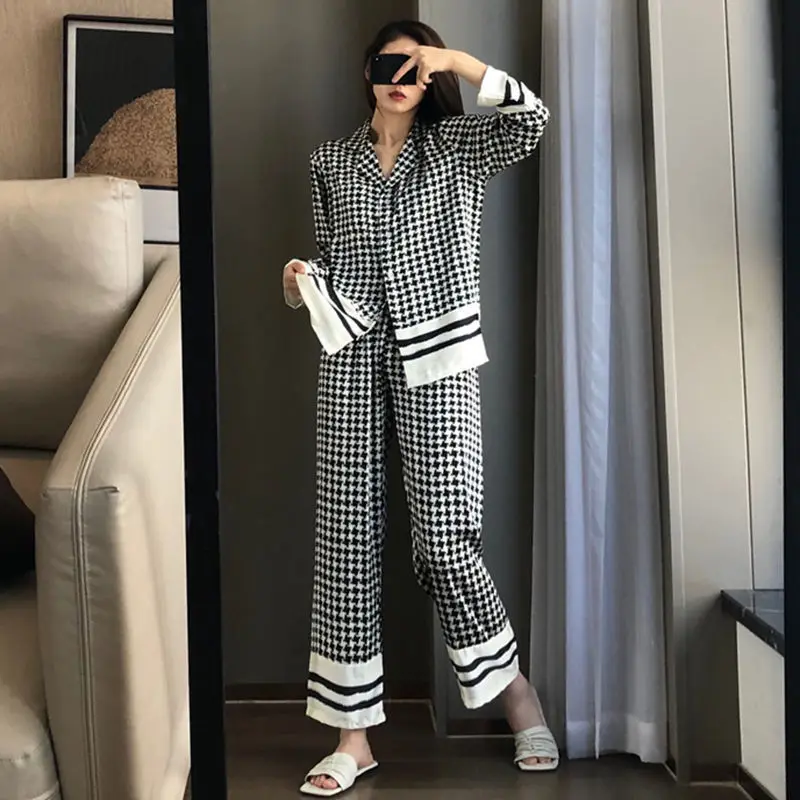 Women Ruffles Patchwork Pajama Sets Long Sleeve Tops Full Length Pants Slim Gentle Sleepwear Cozy Fashion Lounge Females Popular