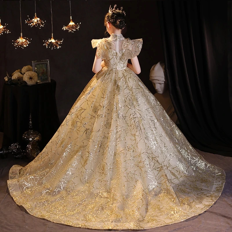 Teens Kids Dresses Party Wedding golden Sequins embroidery Pageant Gown Princess Tailing long Dress for Girl Children Clothing