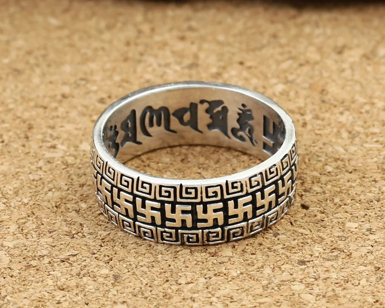 Real S925 sterling silver ring fashion vintage Thai silver men's four-word pattern six-character mantra ring