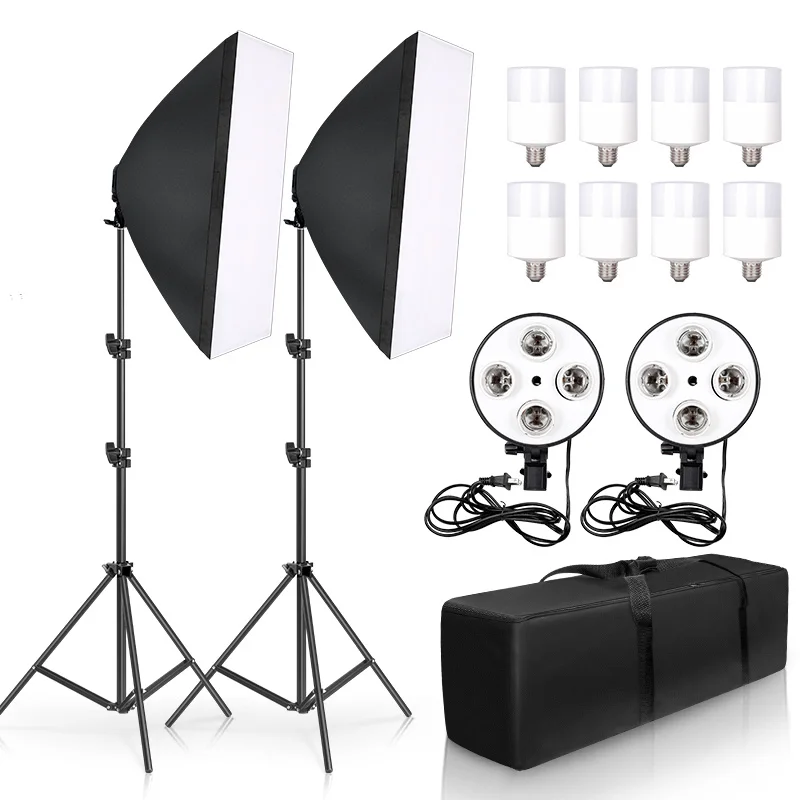 Photography Softbox Lightbox Kit 50x70CM Four Lamp Softbox  E27 Holder With 8pcs 20W Bulb Soft Box Accessorie Photo Studio Video