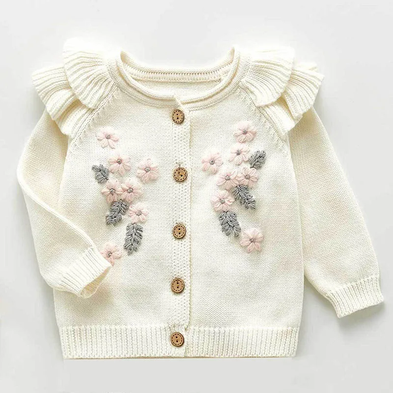 New Spring Autumn Infant Baby Girls Knit Long Sleeve Flower Coat + Braces Rompers Clothing Sets Kids Girl Suit Clothes 0-3Yrs