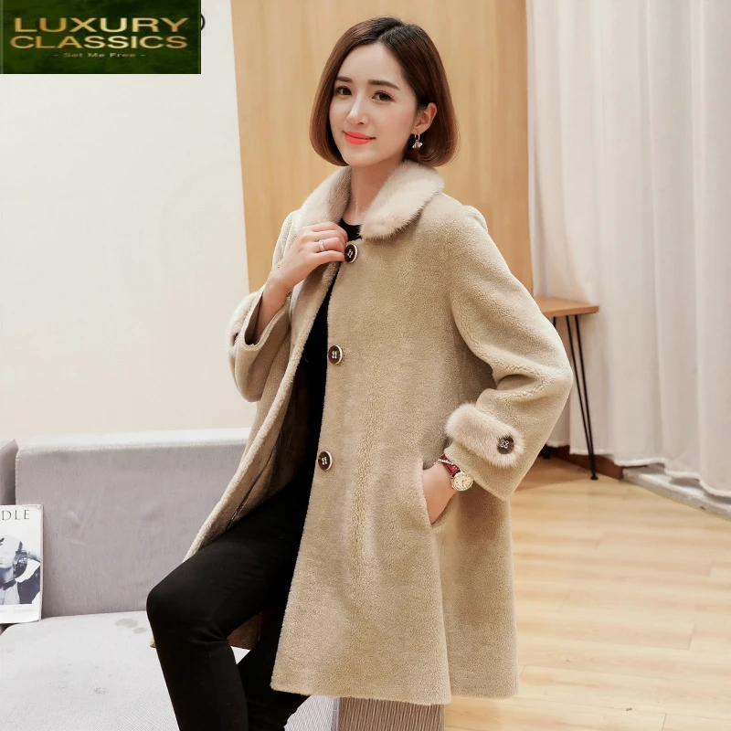 

Real Mink Fur Parka Coat Autumn Winter Natural Sheep Shearing Coats Female 100% Wool Jacket Women Long Clothes LWL1360