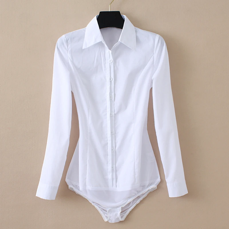 Pure White Cotton Bodysuit Women Tops and Blouses Long Sleeve Turn-down Collar Pleated Button Up Office Shirts with Panties XXXL