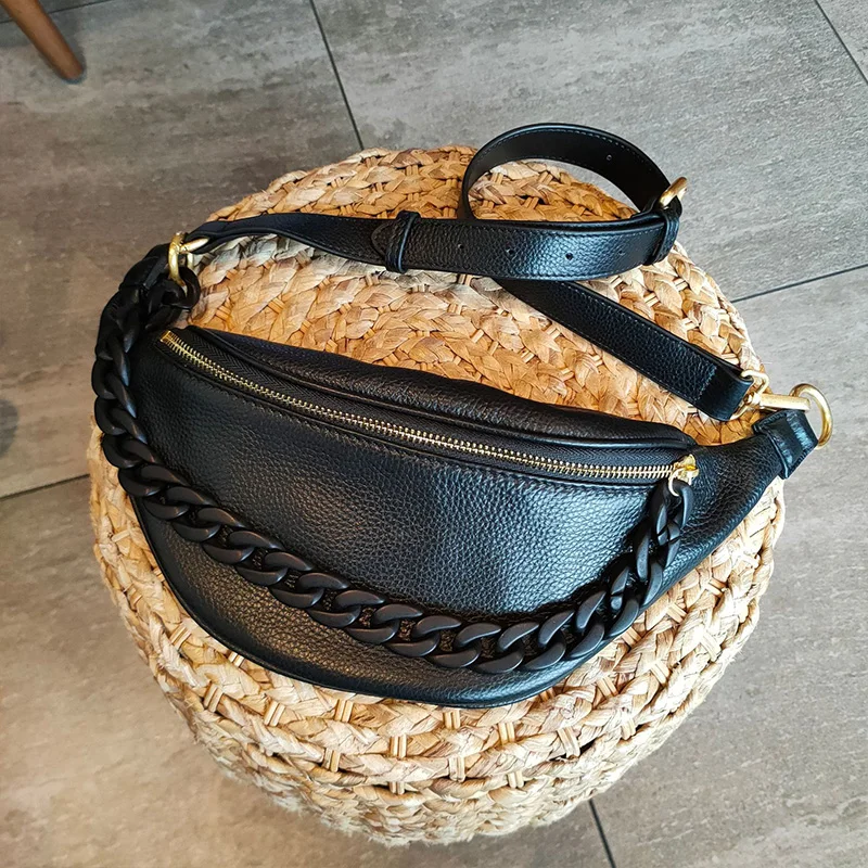 Imagem -02 - Cadeias de Acrílico Preto Bolsas de Peito para Mulheres Couro Genuíno Bolsa Crossbody Bolso com Zíper Pacote de Dinheiro Telefone Designer de Moda