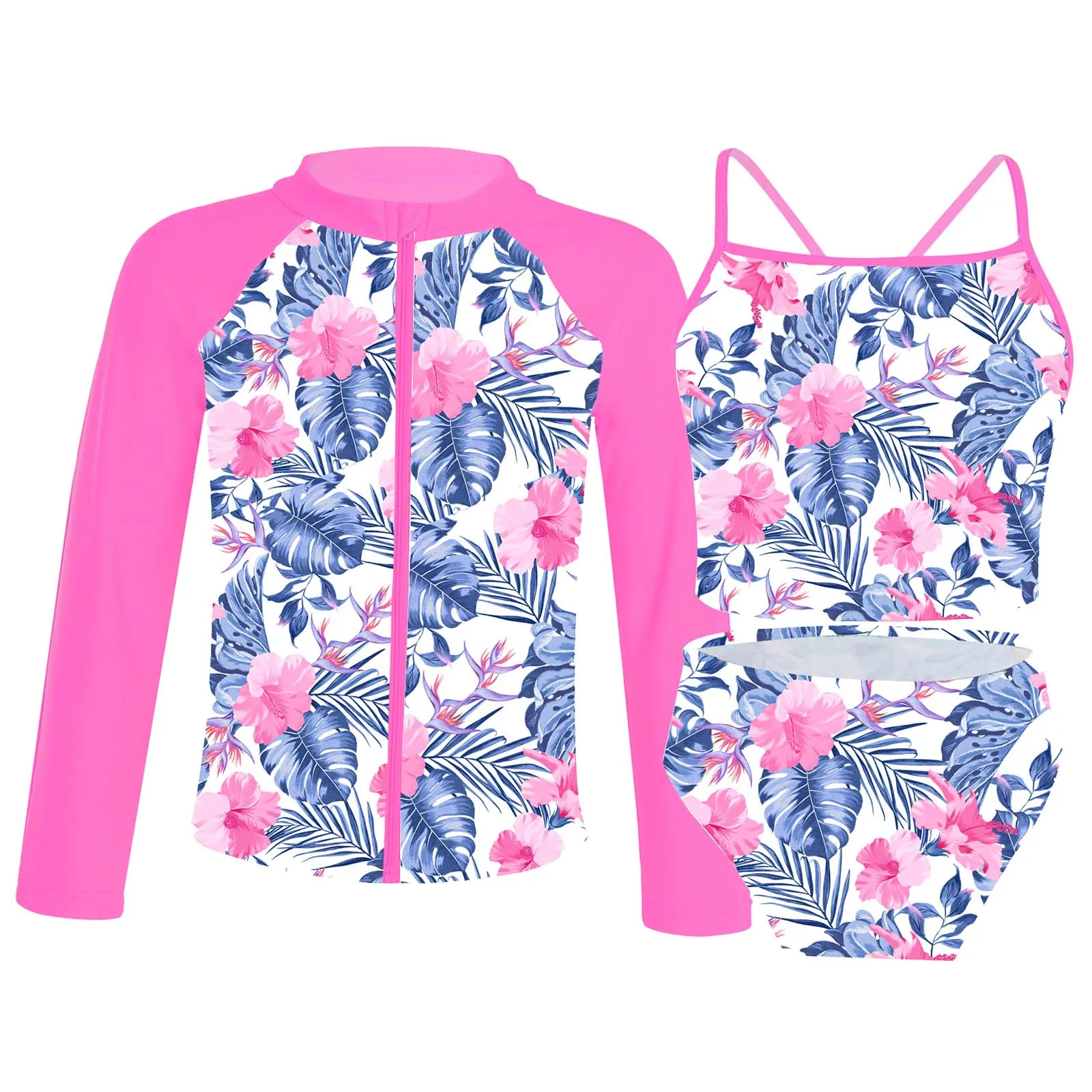 4-16Y 3Pcs Swimsuit Kids Girls Floral Print Swimsuit Sleeveless Tops with Briefs and Coat Set Teen Beach Swimwear Bathing Suits