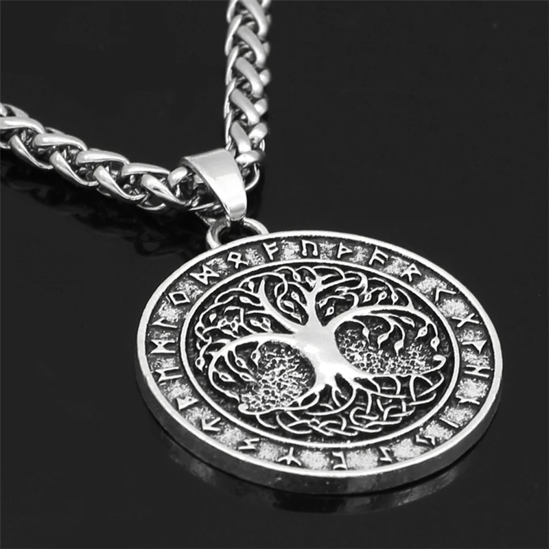 Nordic Vintage Tree of Life Round Pendant Viking Rune Necklace Antique Bronze Silver Color Men Women Jewelry Gifts Dropshipping