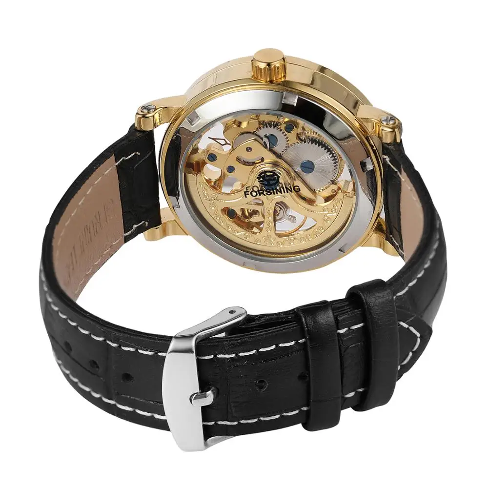 FORSINING Mechanical Watch Circular hollowed-out nail scale Mechanical watch Gold black belt wrist watch