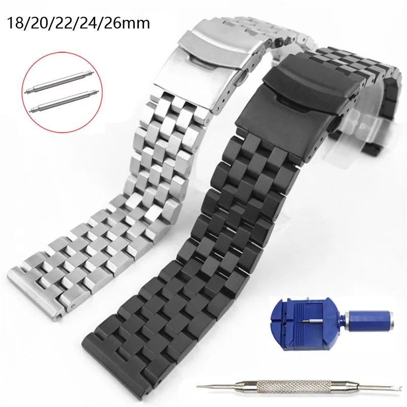 18mm 20mm 22mm 24mm 26mm Stainless Steel Watch Band Silver Black Metal Watch Strap Women Men Wrist Bracelet Watchband with Tool