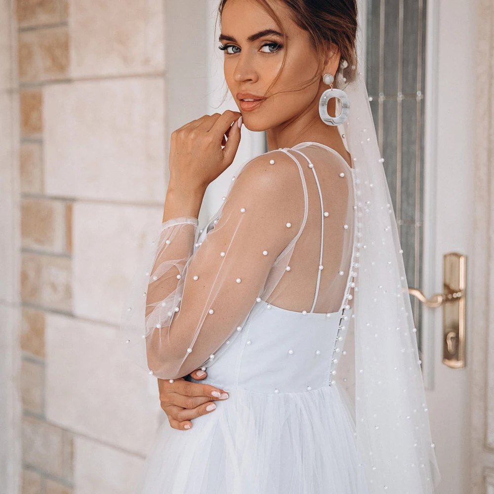 Adln jewel mangas compridas princesa vestidos de casamento com pérolas inchado vestido de noiva varredura trem vestido de baile robe de mariee