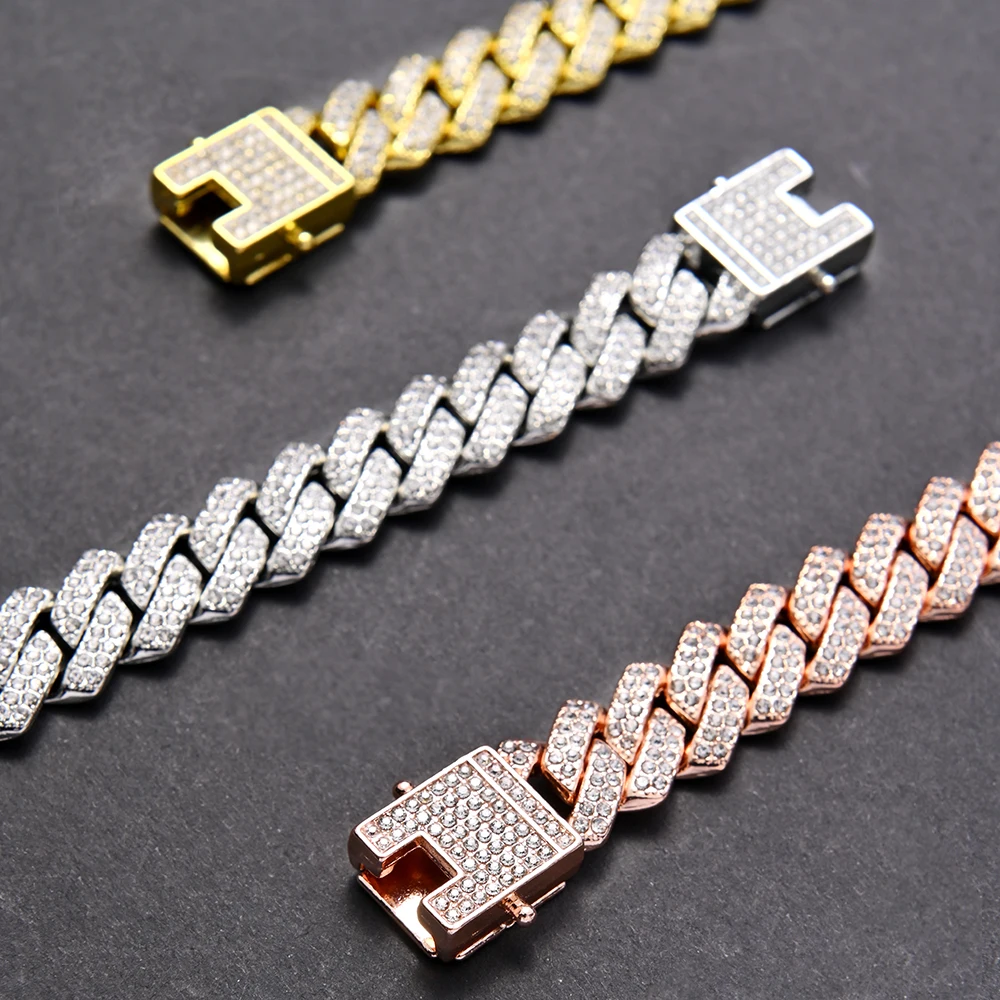 AZ 12mm Iced Out Square Cuban Link Chain Bracelets For Men Women Paved Rhinestone Stone Hip Hop Stainless Steel Hand Chain