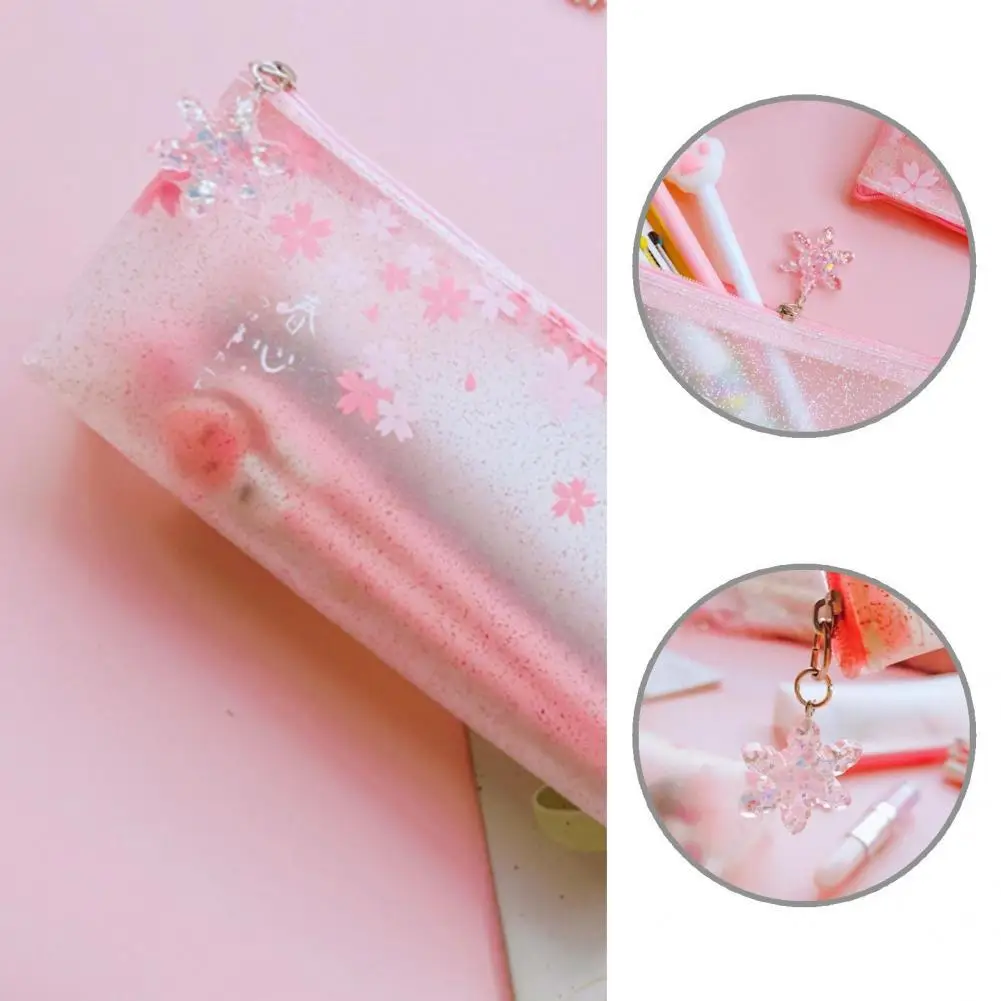 Sweet Pink  Practical Frosted Sakura Pencil Pouch Lightweight Stationery Bag Eye-catching   for Students