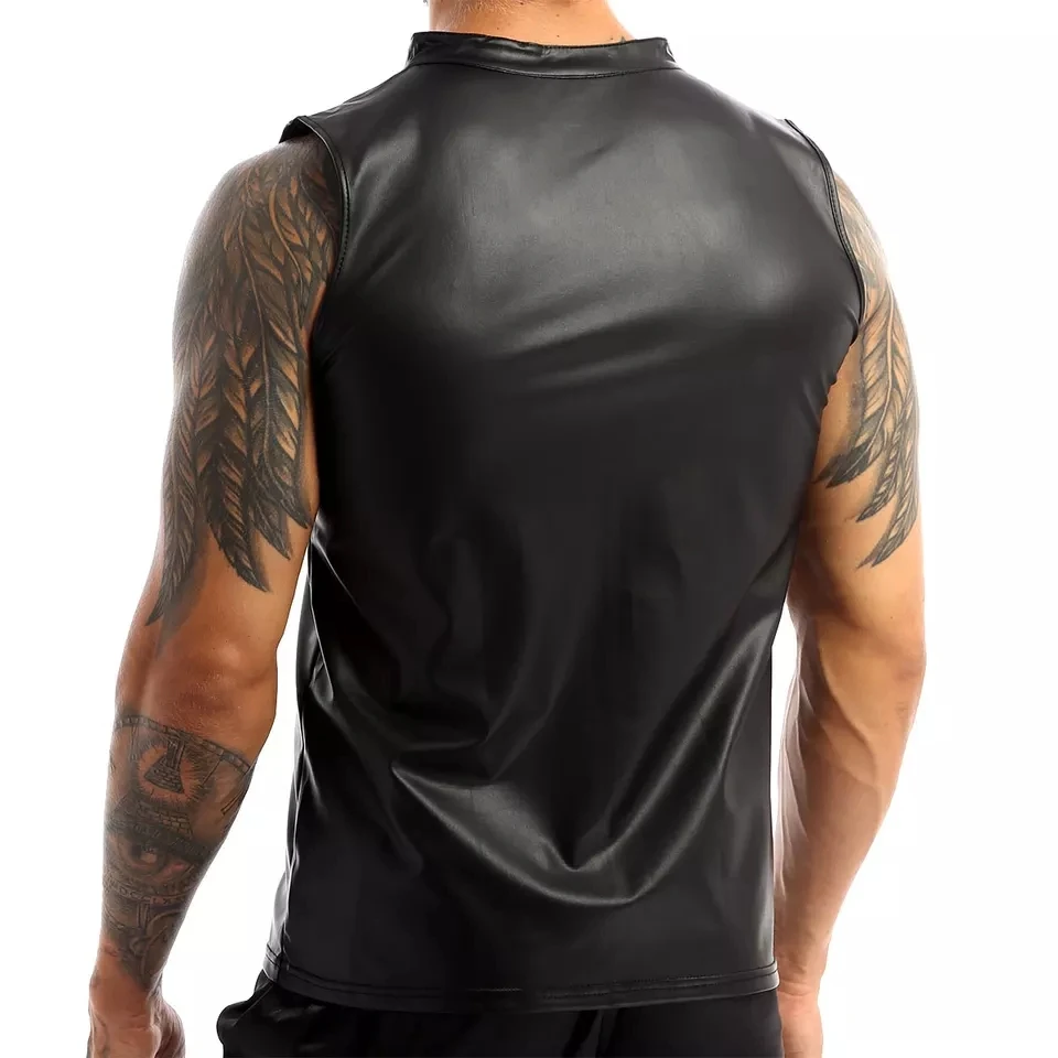 Plus Size Mens Sexy Soft Leather Sleeveless Shirts Erotic Shaping Sheath Stretch Tank Tops Male Shiny Leather Bodycon Sexi