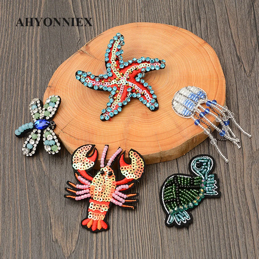 AHYONNIEX Handmade ocean world beads rhinestones patches sew on beading applique clothes shoes bags decoration tortoise patch