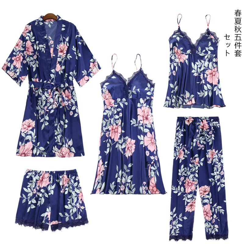 

Pajama Printed Women's 5PCS Sexy Nightdress Suit Female Lace Nightgown Casual Floral Kimono Bath Gown Sets Loose Home Clothing