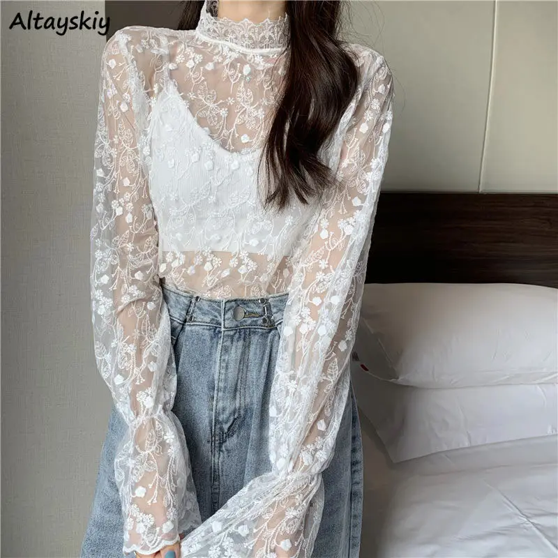 T-shirts Women Floral Mesh Summer Sexy Sheer Tops Trendy Sweet Korean Style Lace Streetwear Female College Retro Soft Hot Sale