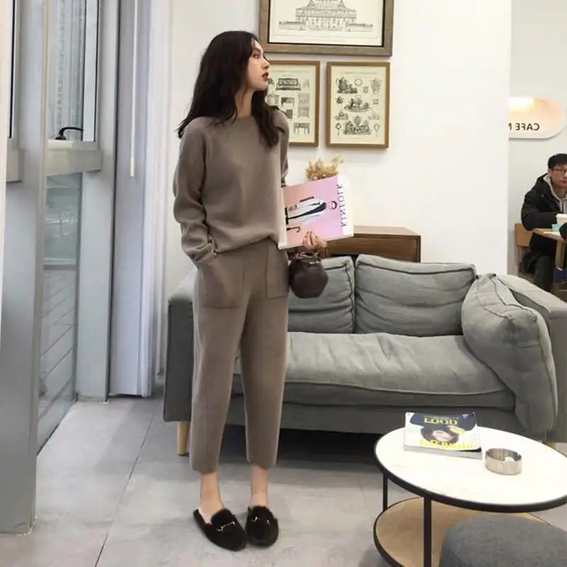 2020 Autumn and Winter New Fashion Thin Cashmere Knitted Sweater Suit Wide-leg Pants Sweater Two-piece Suit for Female