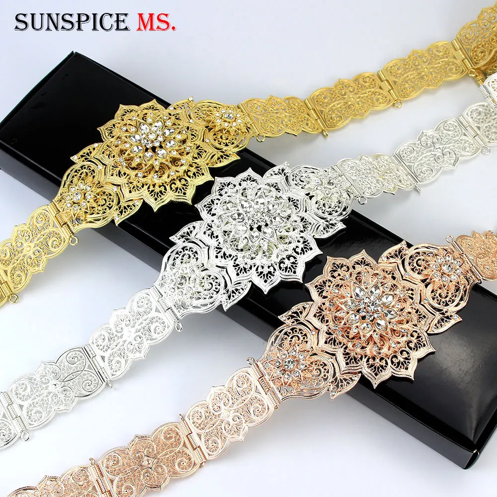 Sunspicems Fashion Dress Belt for Women Morocco Crystal Wedding Jewelry Gold Silver Color Metal Link Chain Adjustable Length