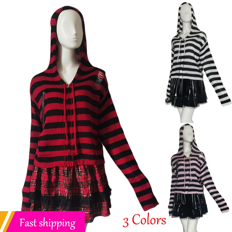 Y2k Girl Zipper Hollow Out Sweaters Gothic Lady Striped Cardigan Short Hooded Sweater Autumn Long Sleeve Black Red Knitted Top