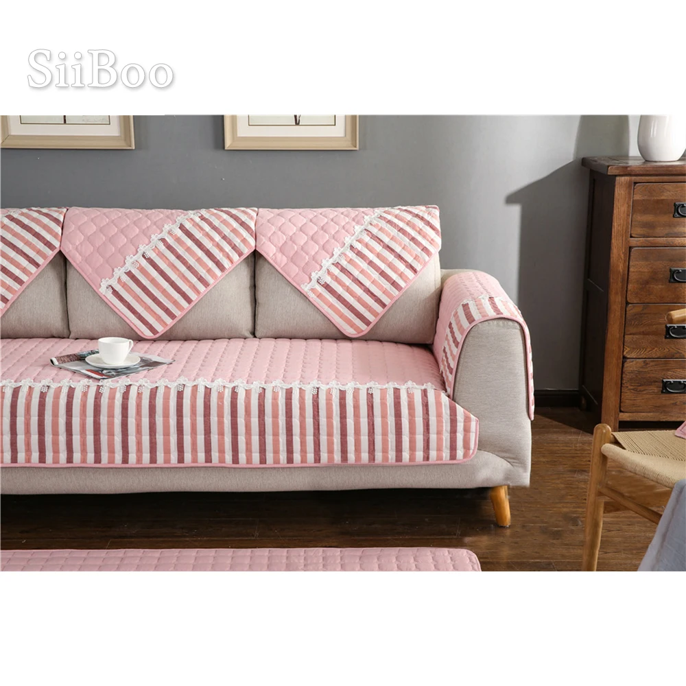 Pastoral khaki pink plaid sofa cover pure cotton quilting sectional slipcovers lace fundas de sofa couch furniture covers SP4336