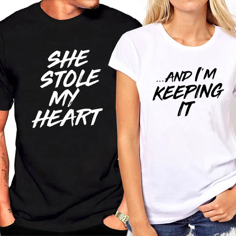 Couple Clothes for Lovers Letter Print She Stole My Heart Funny T Shirt Female Tops Plus Size Women T-shirt Cotton T-shirt