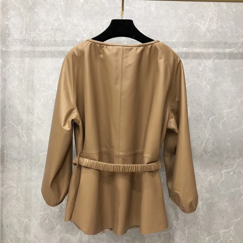 New Fashion Women Sheepskin Pullover Tops Loose Fit Elastic Belted Genuine Leather Jacket Elegant Ladies Puff Sleeve Leather Top