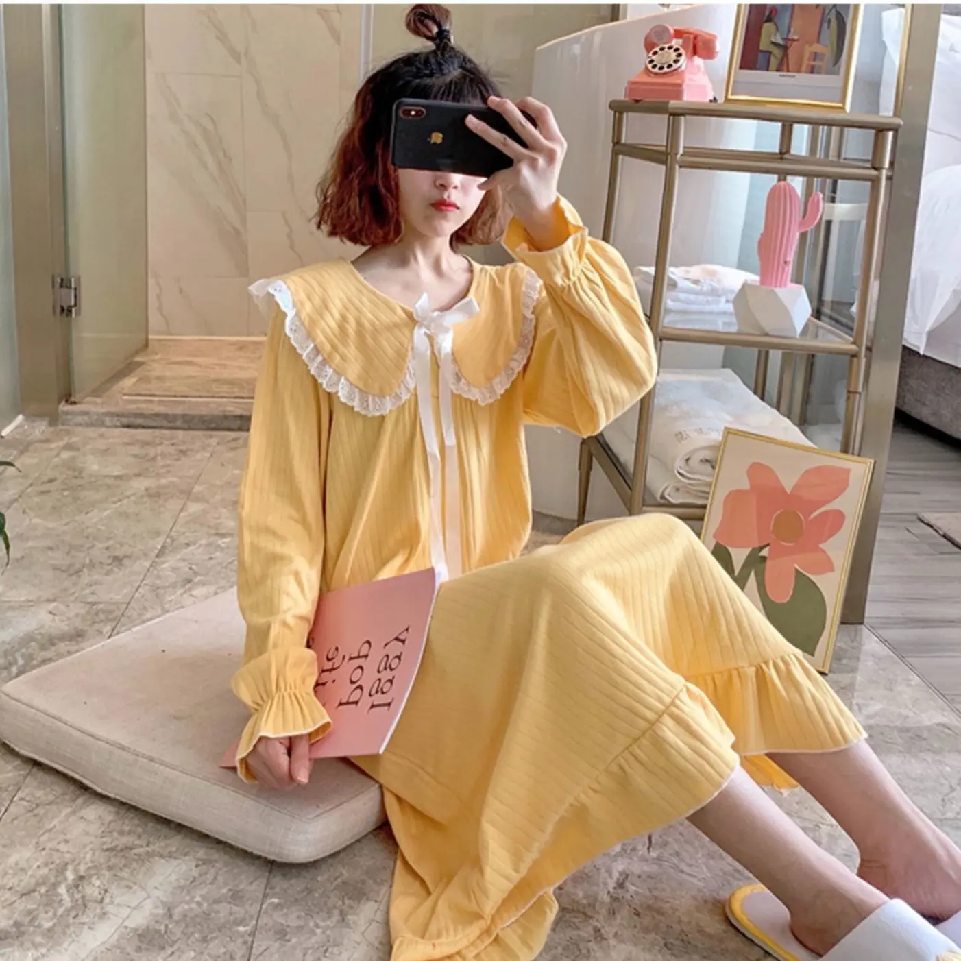 Nightgowns Women Tender Elegant Popular Casual Long Sleeve Nightdress 6 Colors Loose Ruffles Modern Patchwork Bow Sleepwear Soft