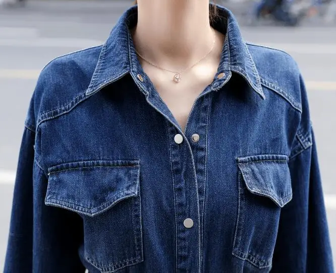 French style autumn long sleeve shirt style denim dress women casual slim waist a-line dress