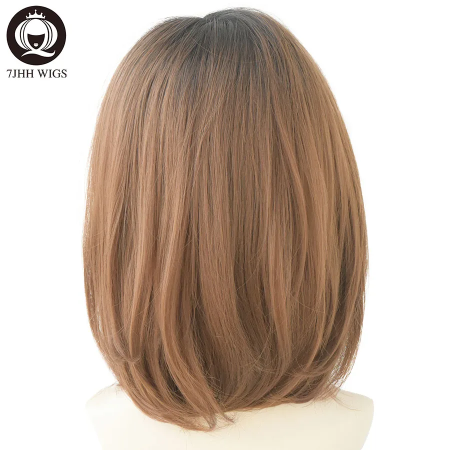 7JHH WIGS Ombre Brown Short Bob Wig for Women Daily Use High Density Synthetic Layered Noble Hair Wigs with Bangs Costume Wigs