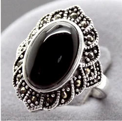 17X22MM Oval Black Agate Marcasite 925 Sterling Silver Ring 6/7/8/9