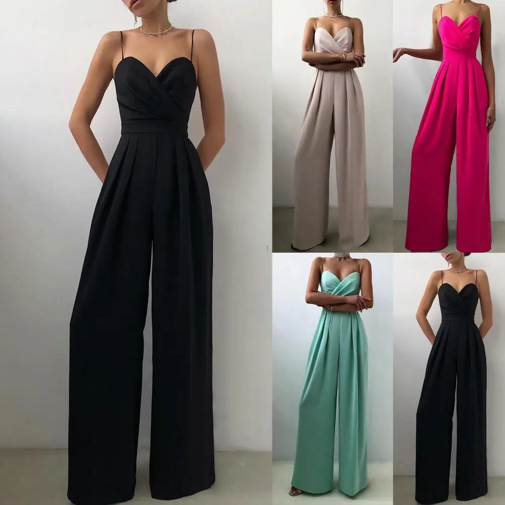 Ladies Jumpsuits Wide Leg High Waist Elegant Deep V Neck Cross Collar Pleated Backless Sling Sleeveless Mopping Long Jumpsuit