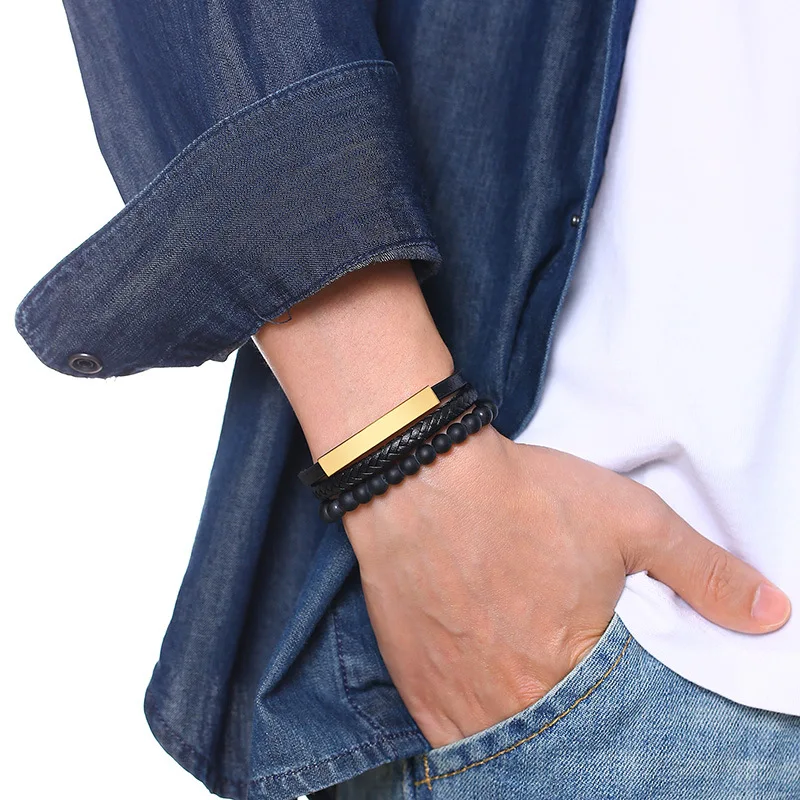 Fashion Stainless Steel Mens Bracelets Black Leather bead bracelet Male Valentine's Day Gift Jewelry