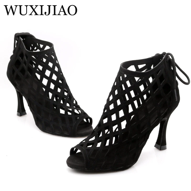 WUXIJIAO-Botines de ante negro para mujer, zapatos de baile latino, baile de salón, tango, 10 cm, 2020