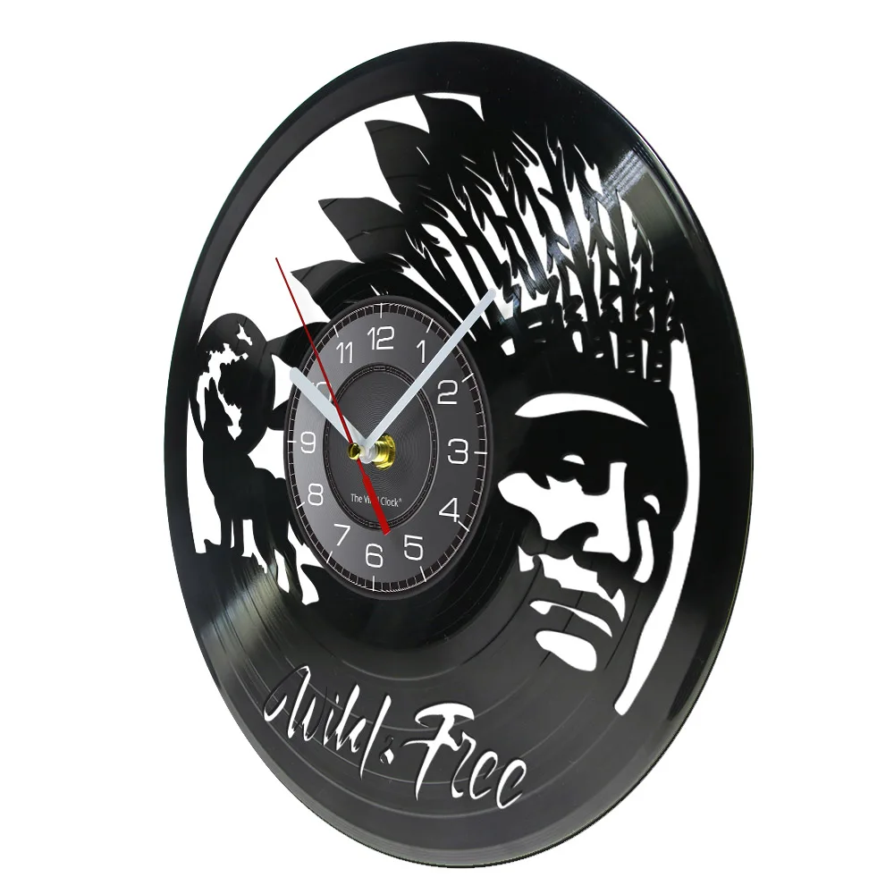 Wild Free Spirit Howling Wolf Vinyl Record Clock Independent Symbol Chief Indian Headdress Tribal Home Decor  Retro Timepieces