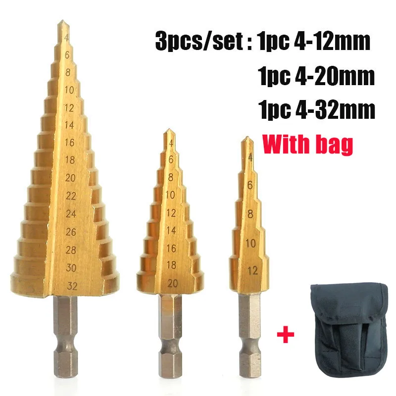 5/9/15 steps 4-12 4-20 4-32 mm HSS Titanium Hex Handle Step Drill Bit Hand Tool Sets for Metal Wood Hole Cutter Conical Drill