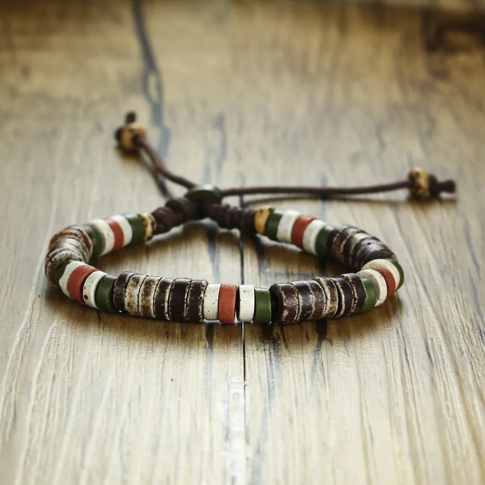 Men\'s Wood Beaded Bracelet Surfer Bohemian Stacking Bangle Tribal Chic Jewelry Drawstring Jewellery Festival Boho Gypsy
